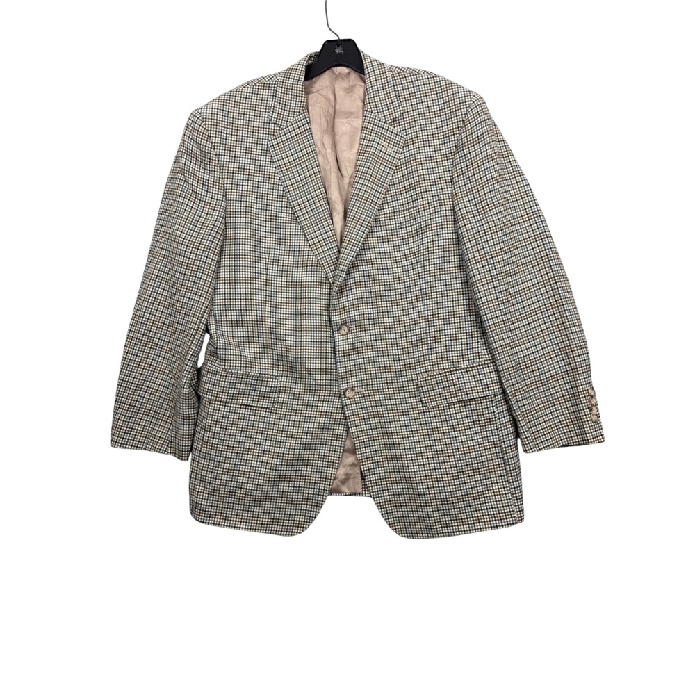 Jos A Bank Mens 42R Silk Wool Blend Houndstooth Blazer Sport Coat Tan Blue